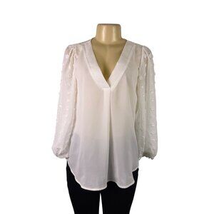 Gaovot Women’s White V-Neck Blouse Textured Long Sleeve Dot Details Size M - New